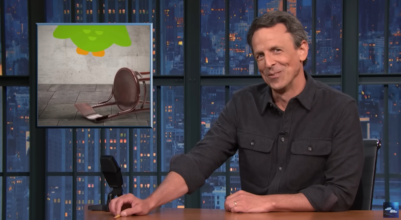 TW: Suicide - Seth Meyers smirking as Duolingo mascot hangs itself.