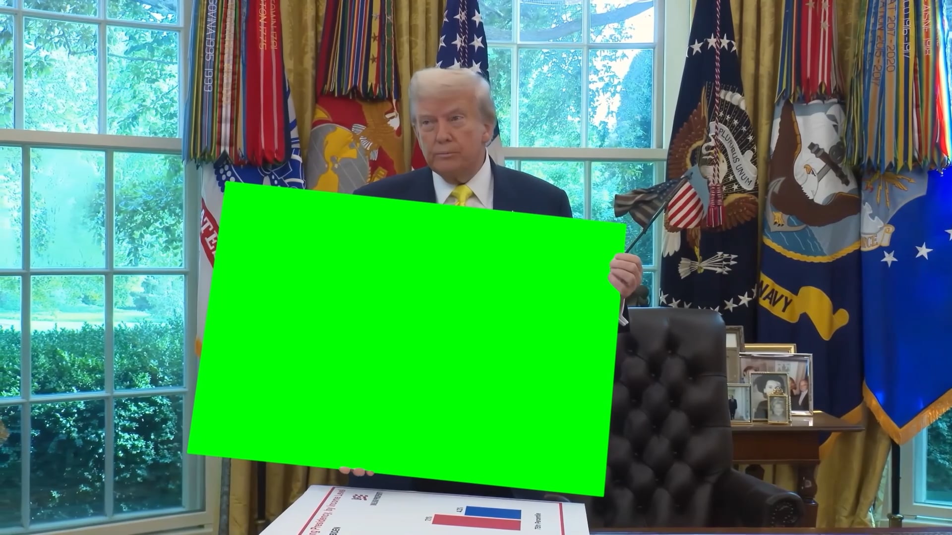 Donald Trump holding a Chart and saying "All New Numbers!" Green Screen Meme Template