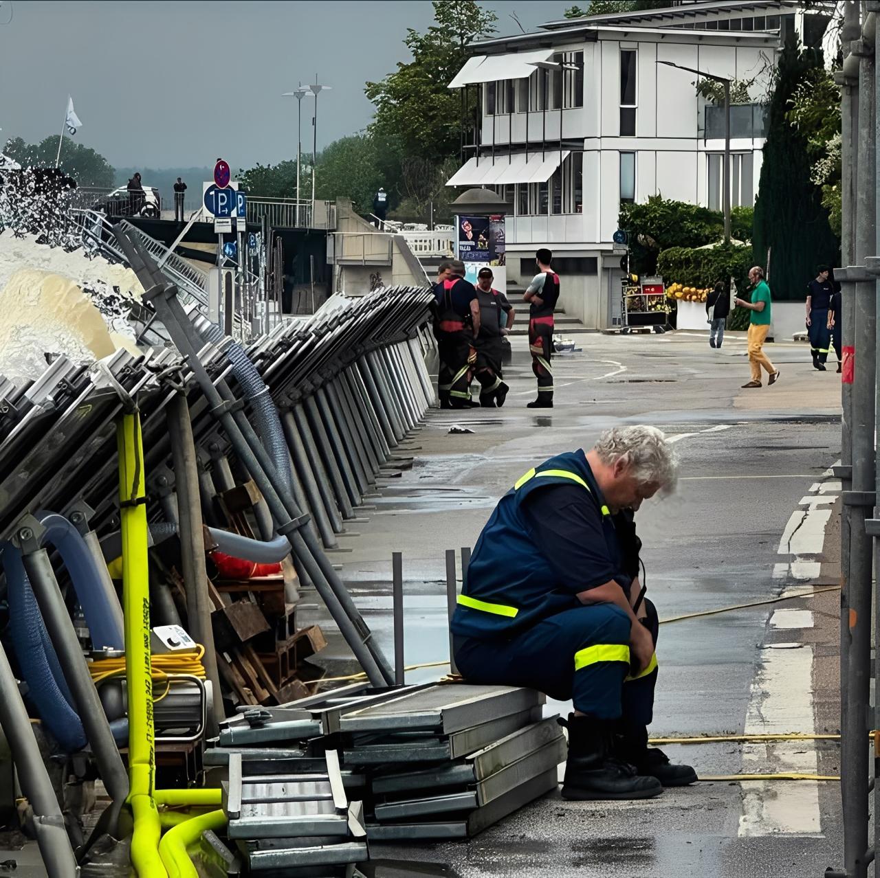 Sad/exhausted construction worker sitting down on the street