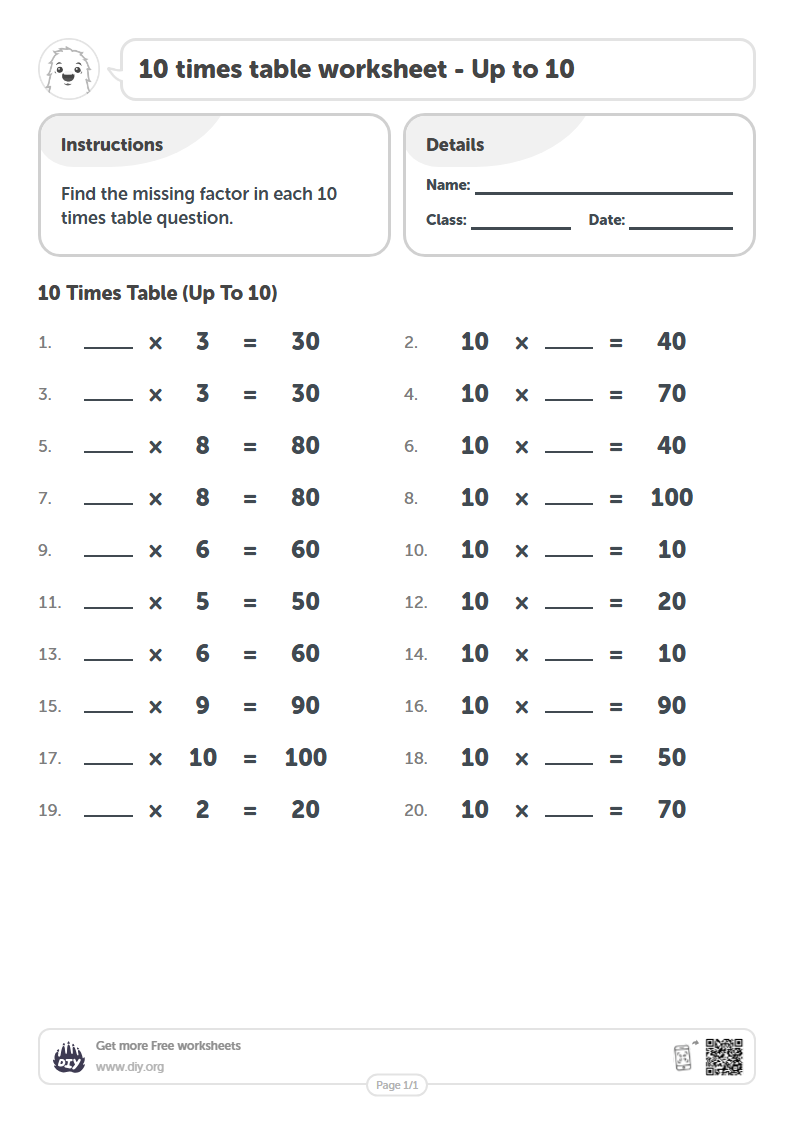 Free 10 times table Worksheets - Up to 10