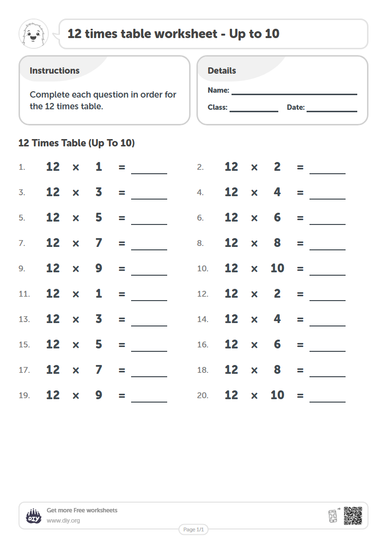 Free 12 times table Worksheets - Up to 10