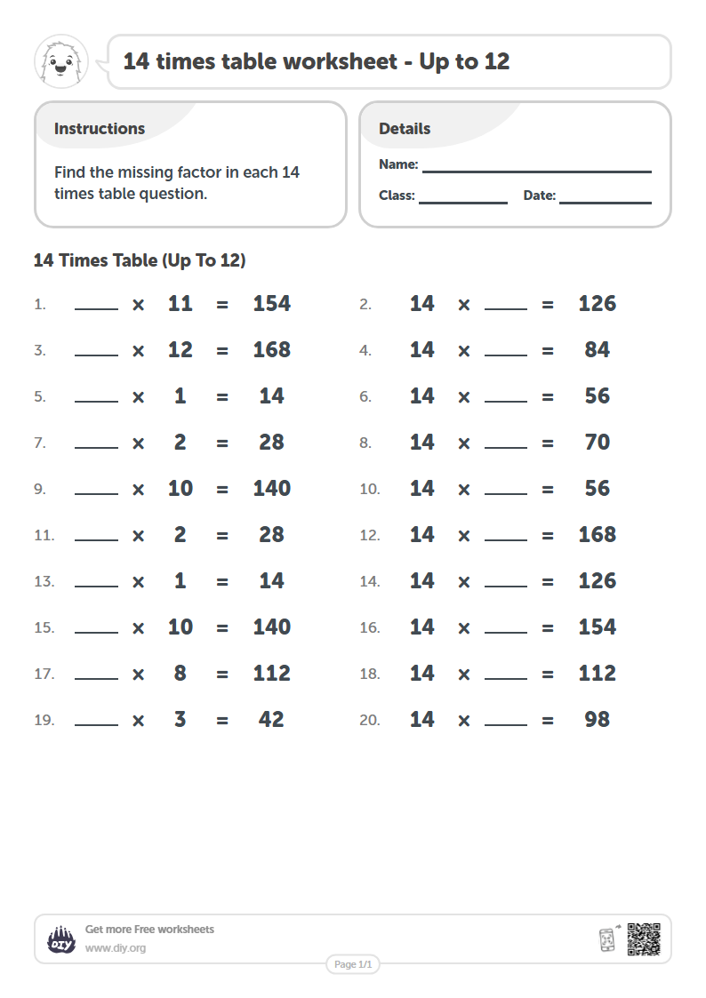 Free 14 times table Worksheets - Up to 12