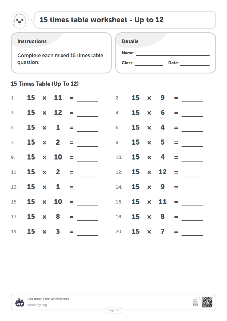 Free 15 times table Worksheets - Up to 12
