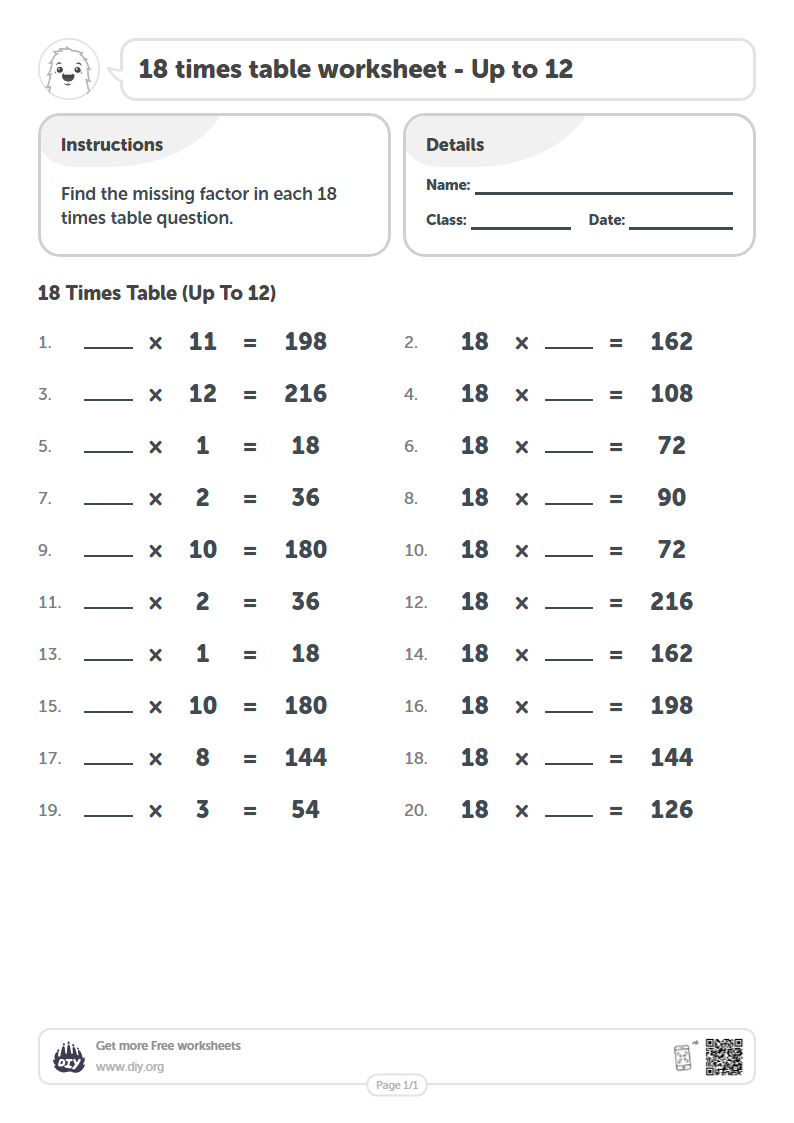Free 18 times table Worksheets - Up to 12