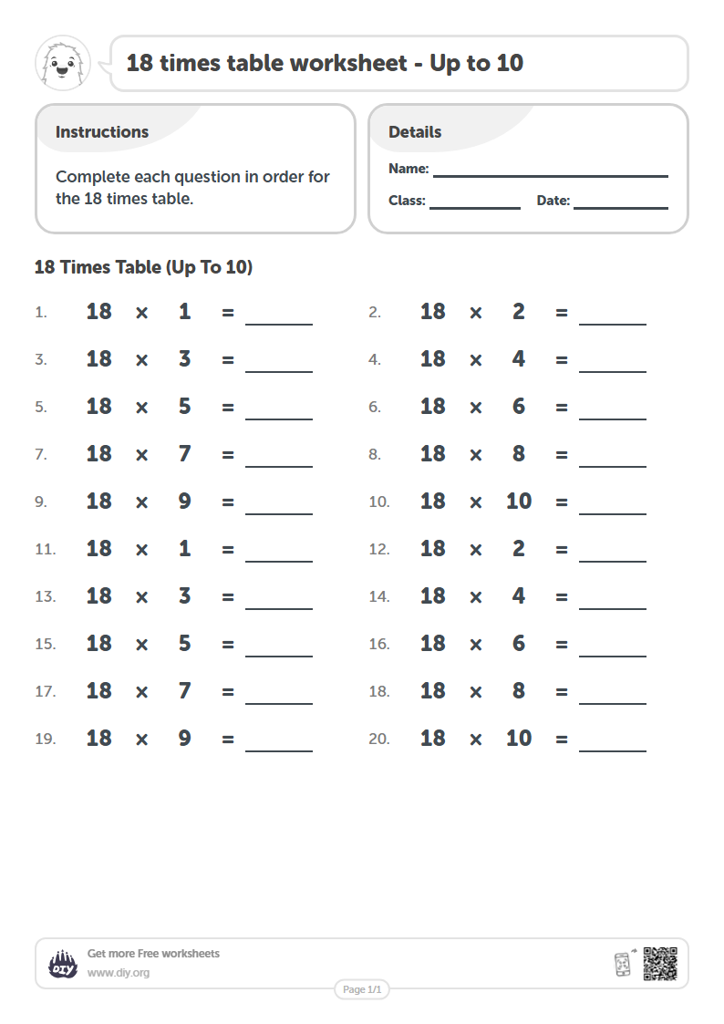 Free 18 times table Worksheets - Up to 10