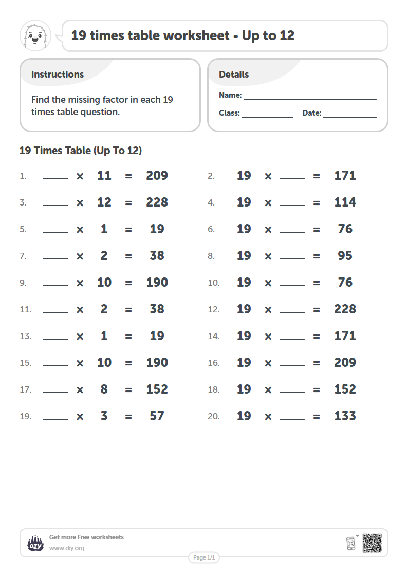 Free 19 times table Worksheets - Up to 12