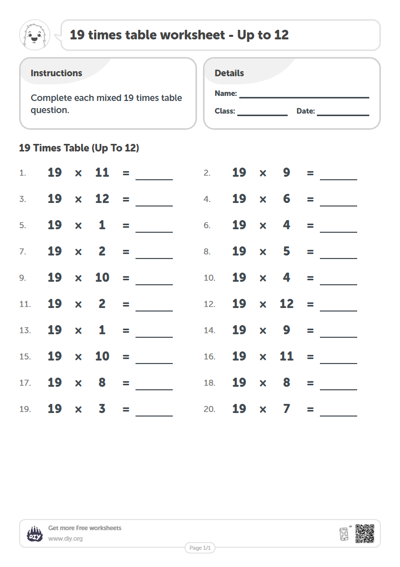 Free 19 times table Worksheets - Up to 12