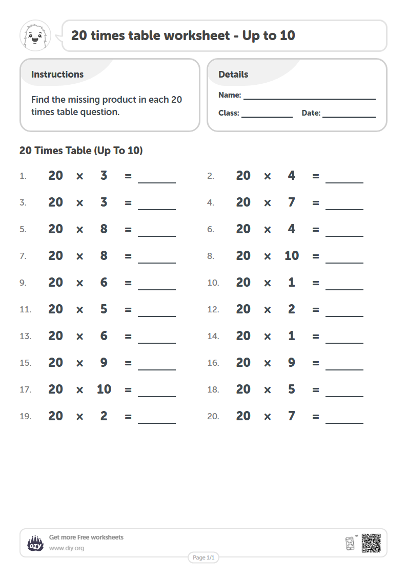 Free 20 times table Worksheets - Up to 10