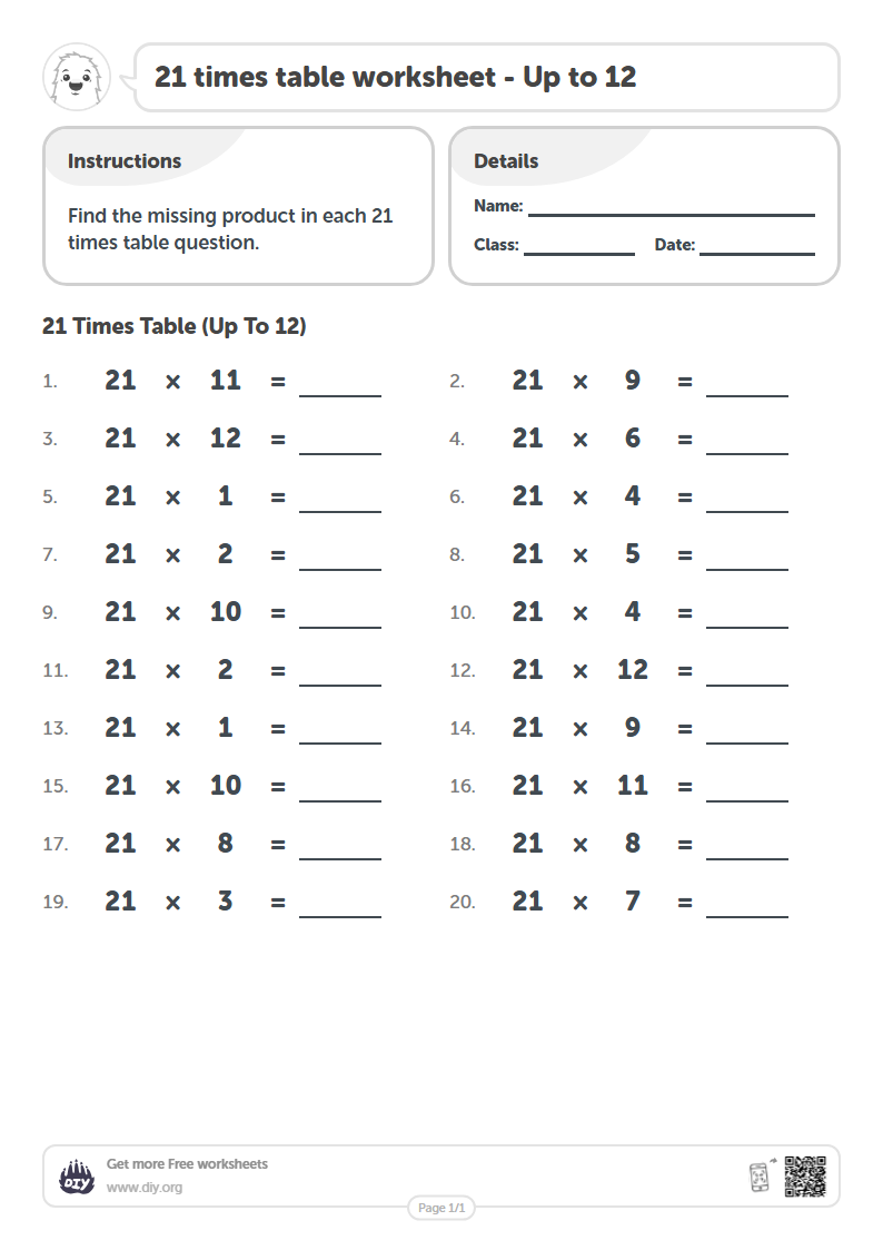 Free 21 times table Worksheets - Up to 12
