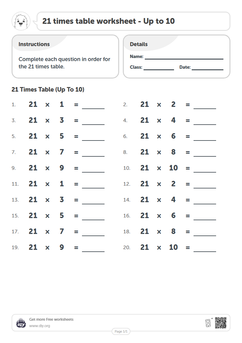 Free 21 times table Worksheets - Up to 10