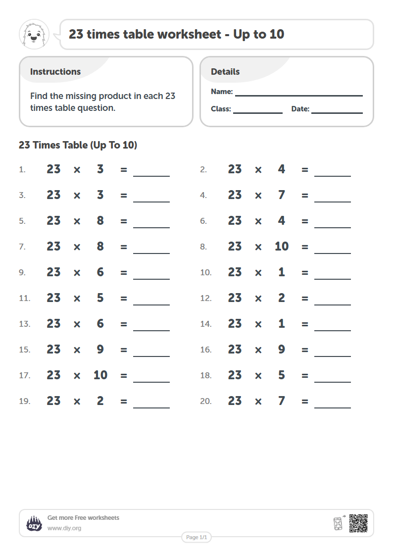 Free 23 times table Worksheets - Up to 10