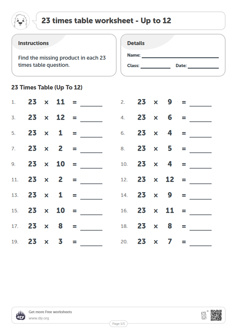 Free 23 times table Worksheets - Up to 12