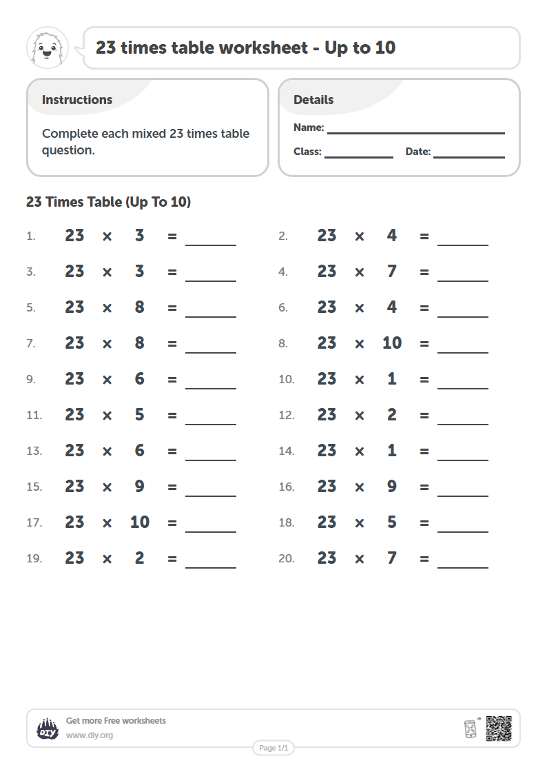 Free 23 times table Worksheets - Up to 10