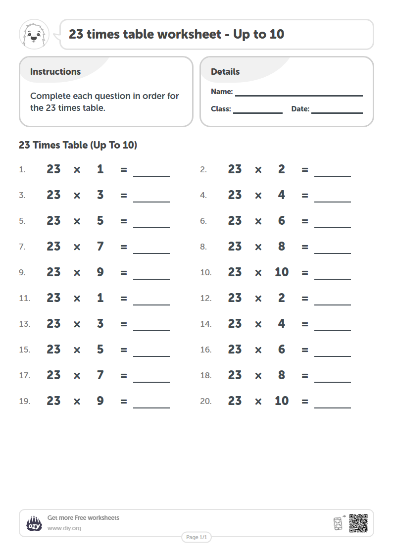 Free 23 times table Worksheets - Up to 10