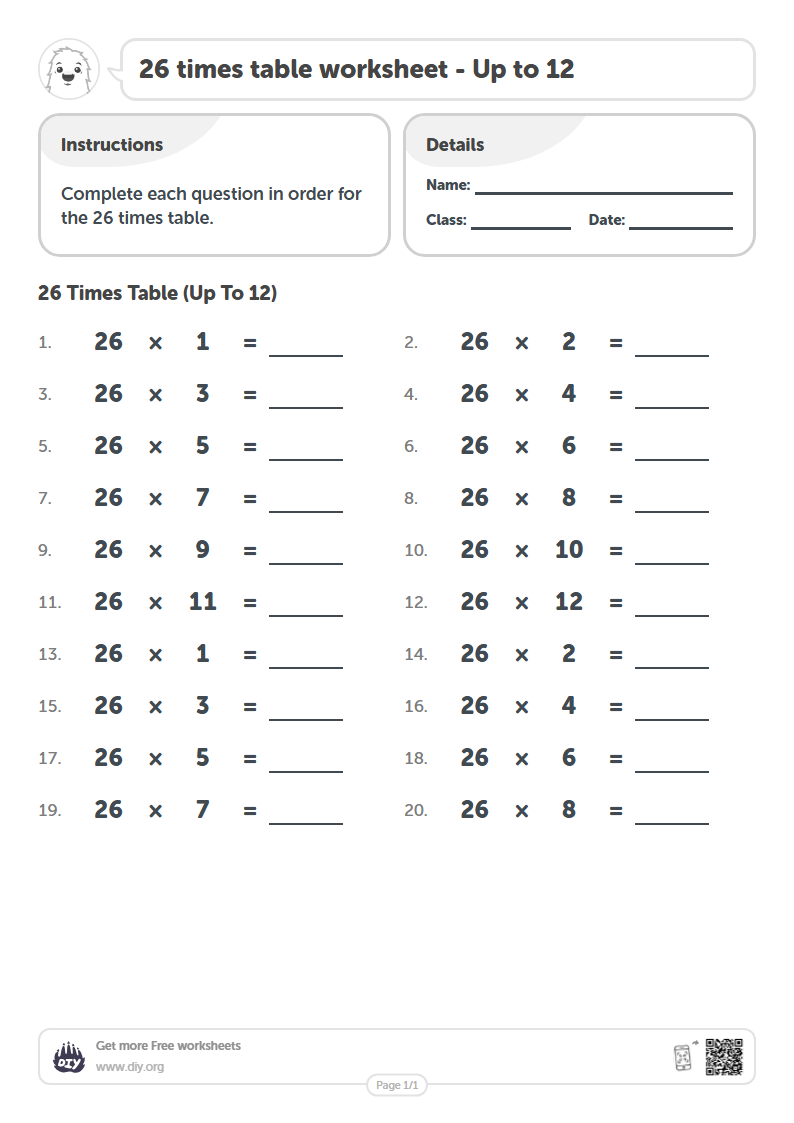 Free 26 times table Worksheets - Up to 12