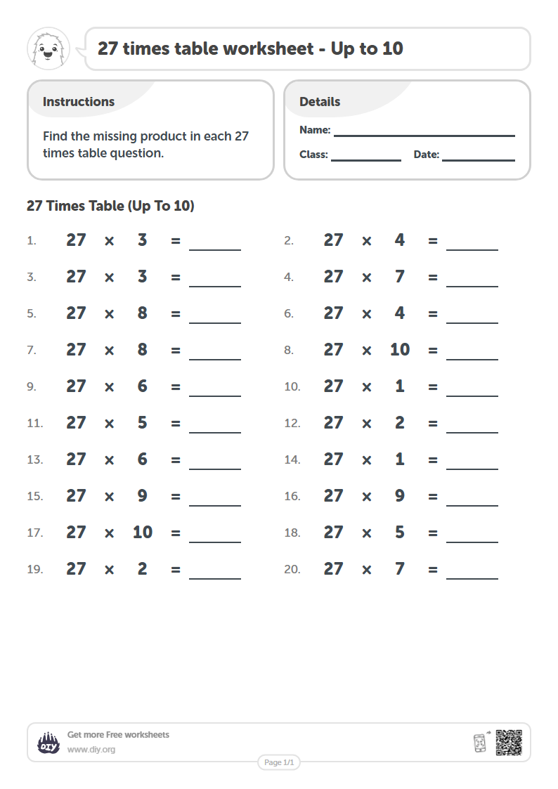 Free 27 times table Worksheets - Up to 10