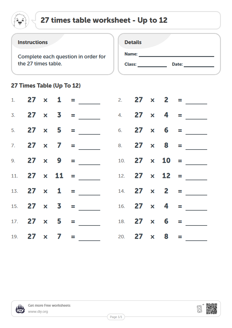 Free 27 times table Worksheets - Up to 12