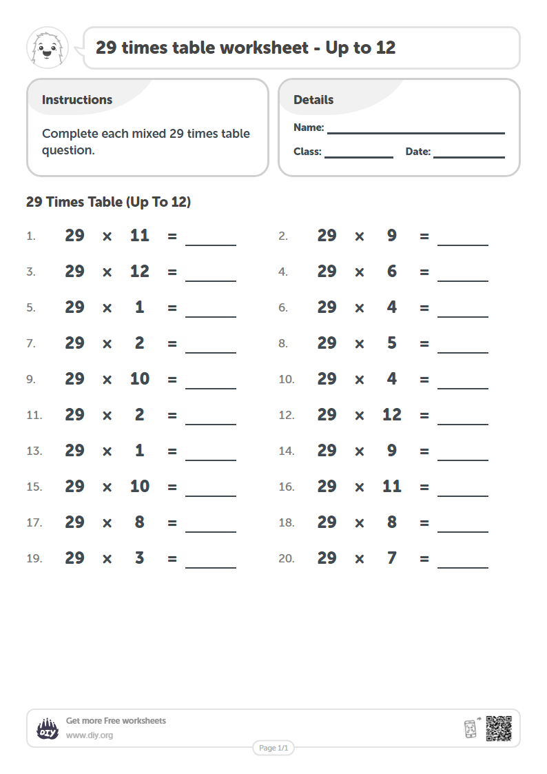 29x12 Math Free 29 times table Worksheets - Up to 12