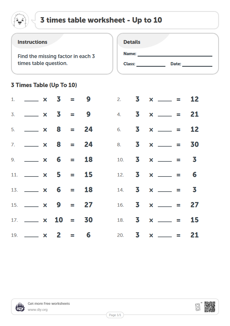 Free 3 times table Worksheets - Up to 10
