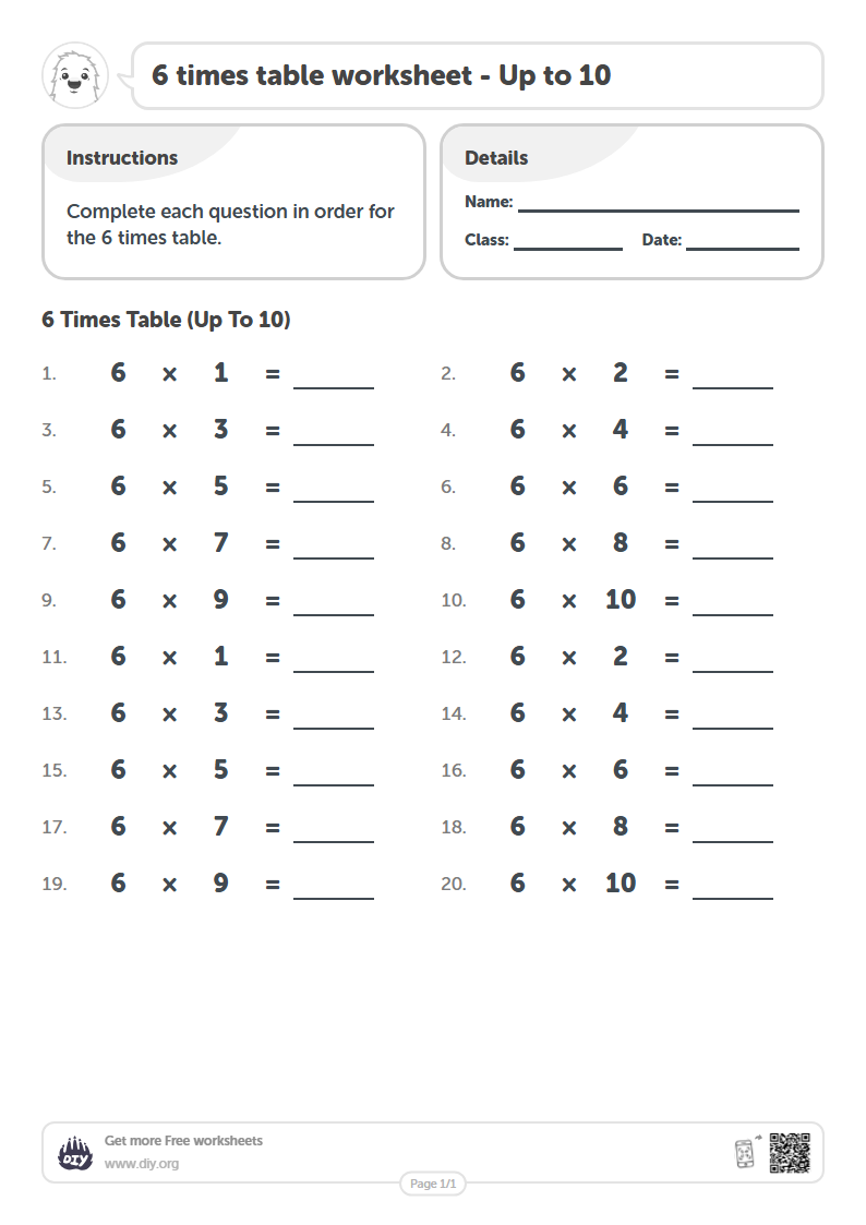 Free 6 times table Worksheets - Up to 10