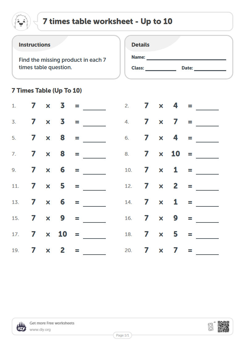 Free 7 times table Worksheets - Up to 10