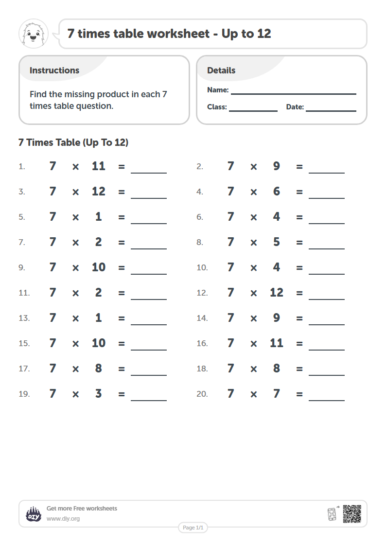 Free 7 times table Worksheets - Up to 12