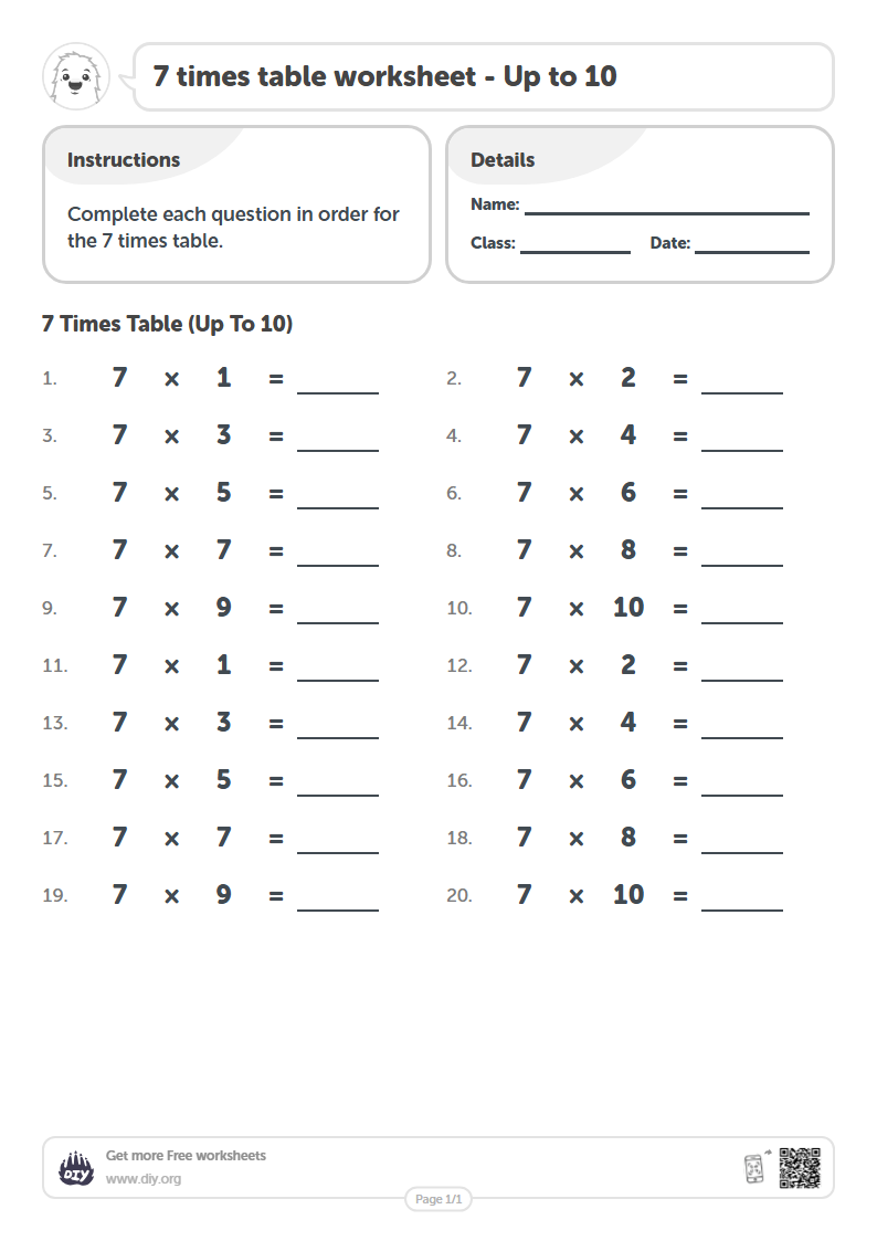 Free 7 times table Worksheets - Up to 10