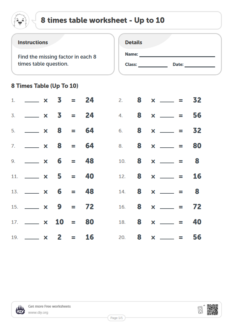 Free 8 times table Worksheets - Up to 10