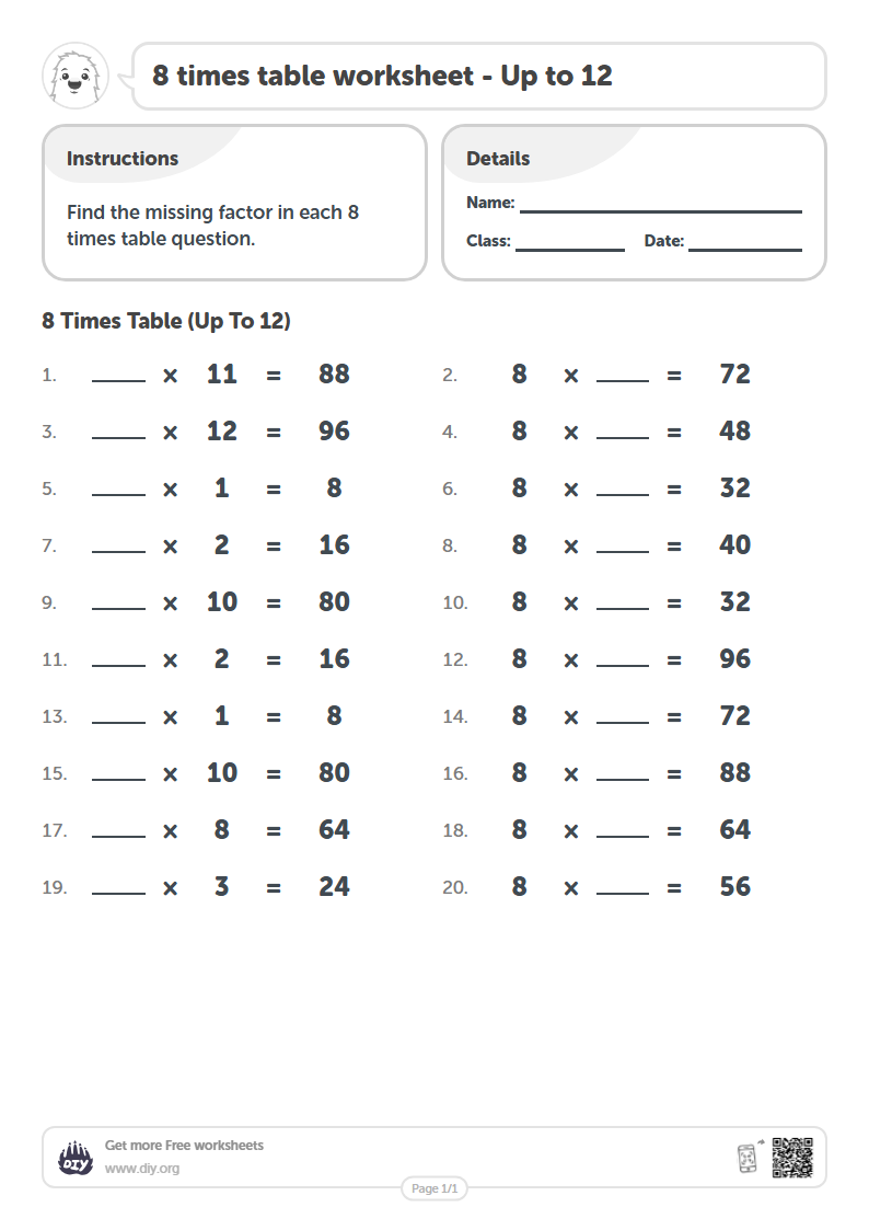 Free 8 times table Worksheets - Up to 12