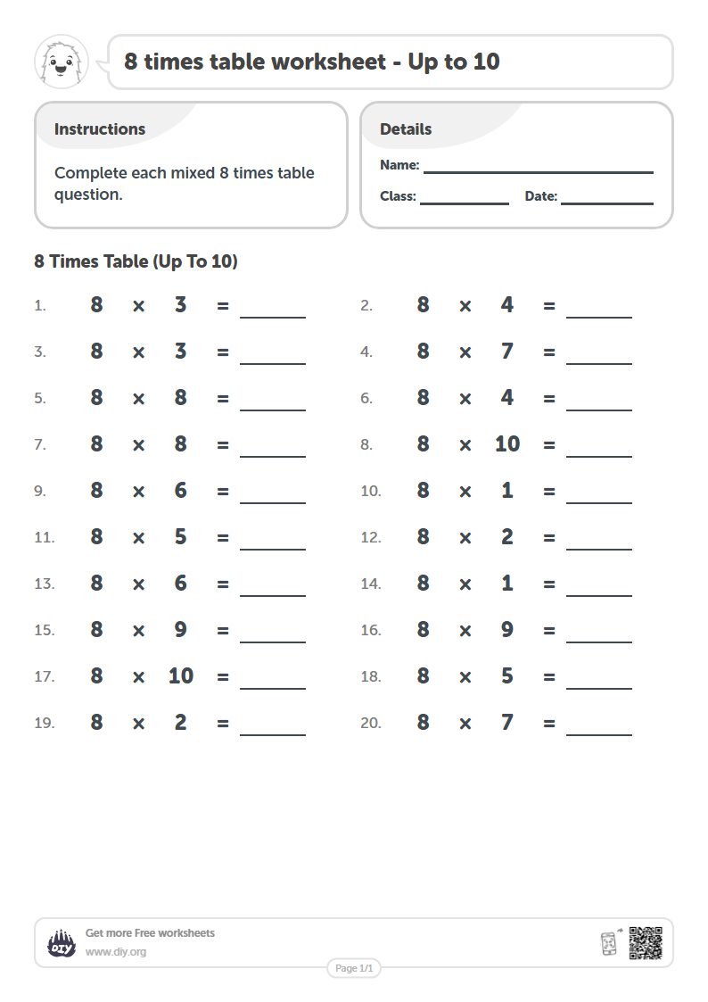Free 8 times table Worksheets - Up to 10