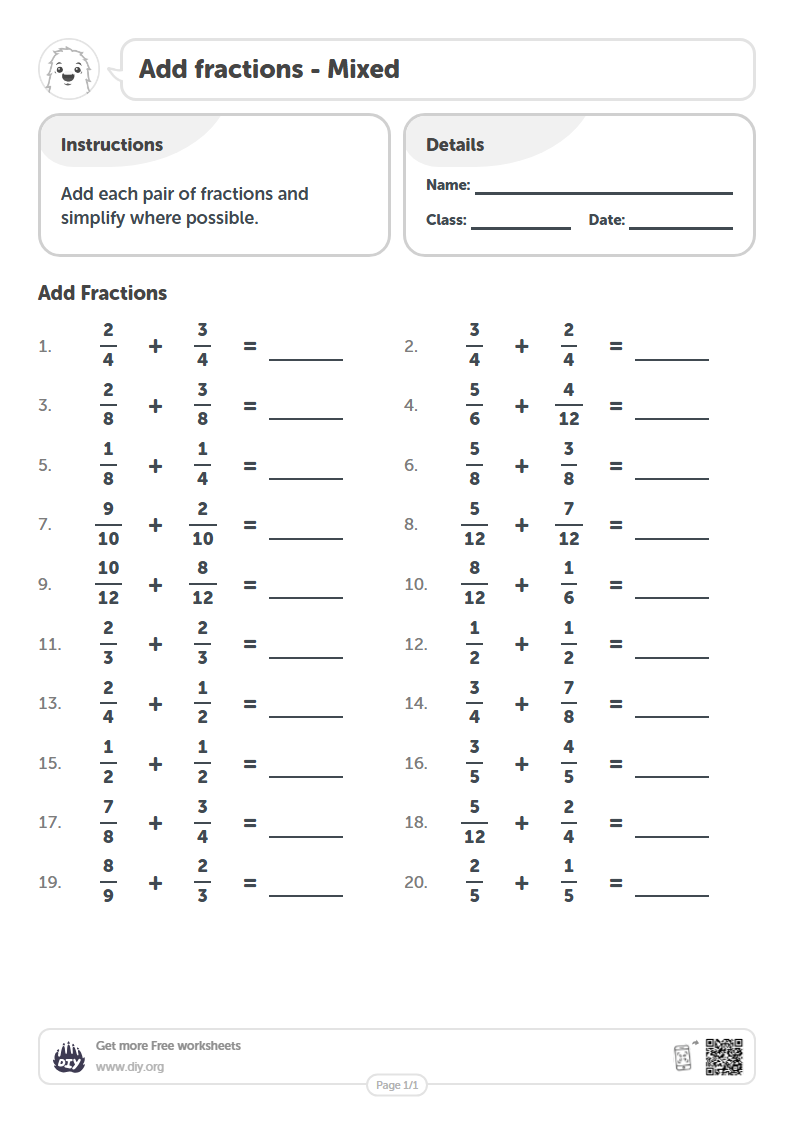 Adding Fractions Worksheet With Visual Examples Free Add fractions - Mixed Worksheets