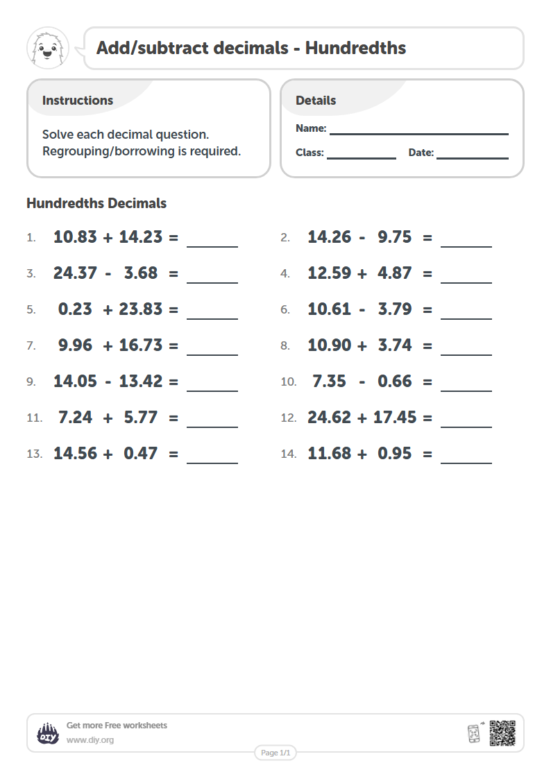 Free Add/subtract decimals - Hundredths Worksheets