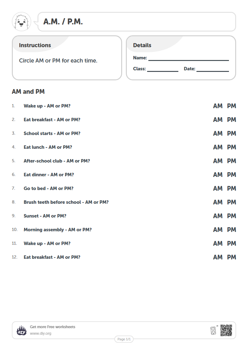 Free A.M. / P.M. Worksheets