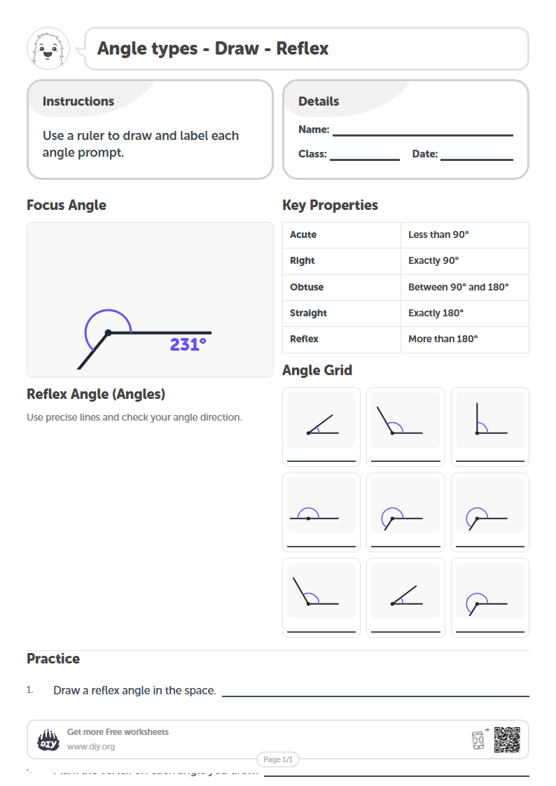 Free Angle types - Draw - Reflex Worksheets