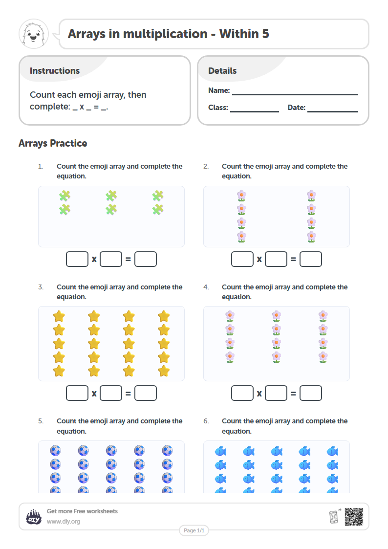 Free Arrays in multiplication - Within 5 Worksheets