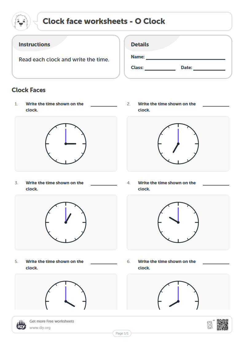 Free Clock face Worksheets - O Clock