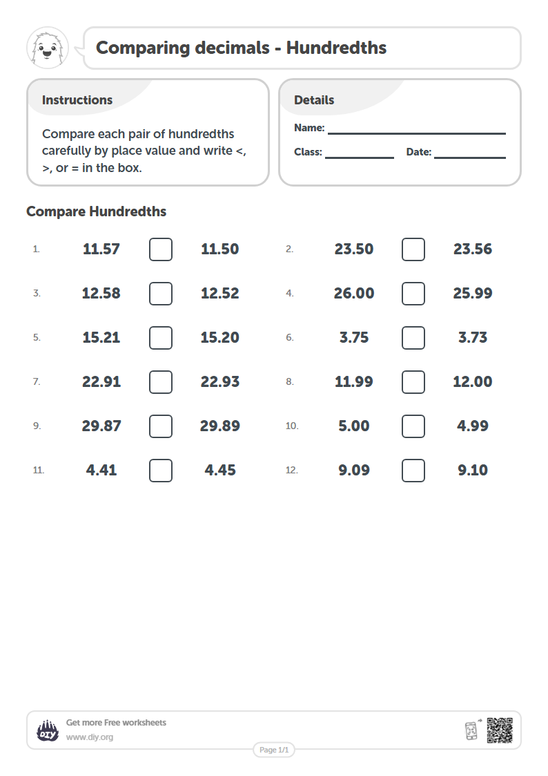 Free Comparing decimals - Hundredths Worksheets
