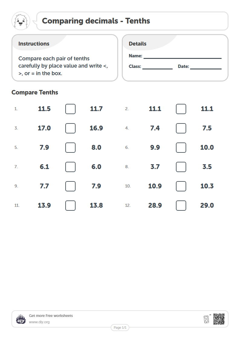 Free Comparing decimals - Tenths Worksheets