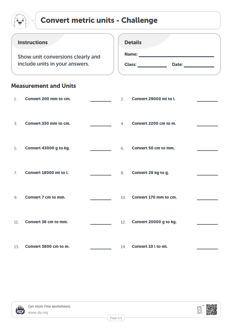 Free Convert metric units Worksheets