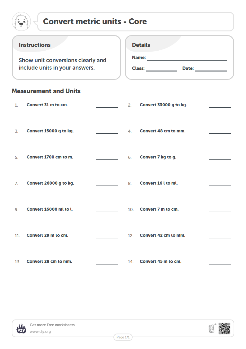 Free Convert metric units Worksheets