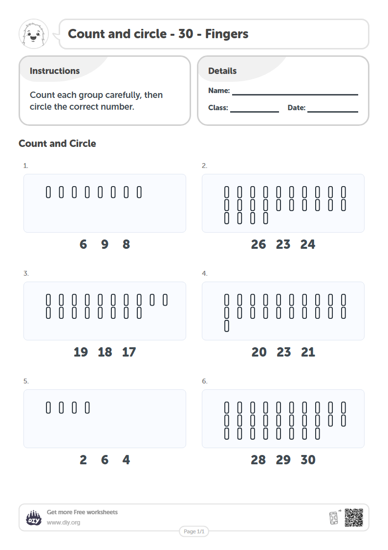 Free Count and circle - 30 - Fingers Worksheets