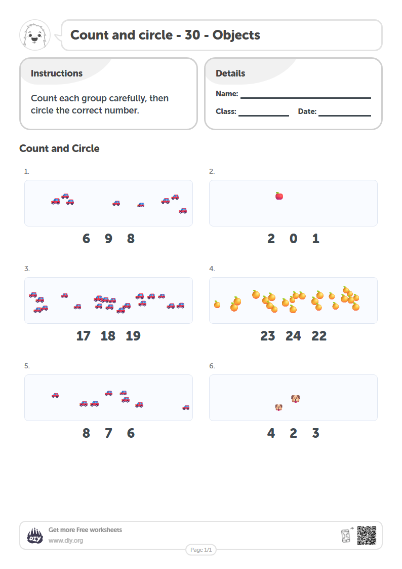 Free Count and circle - 30 - Objects Worksheets