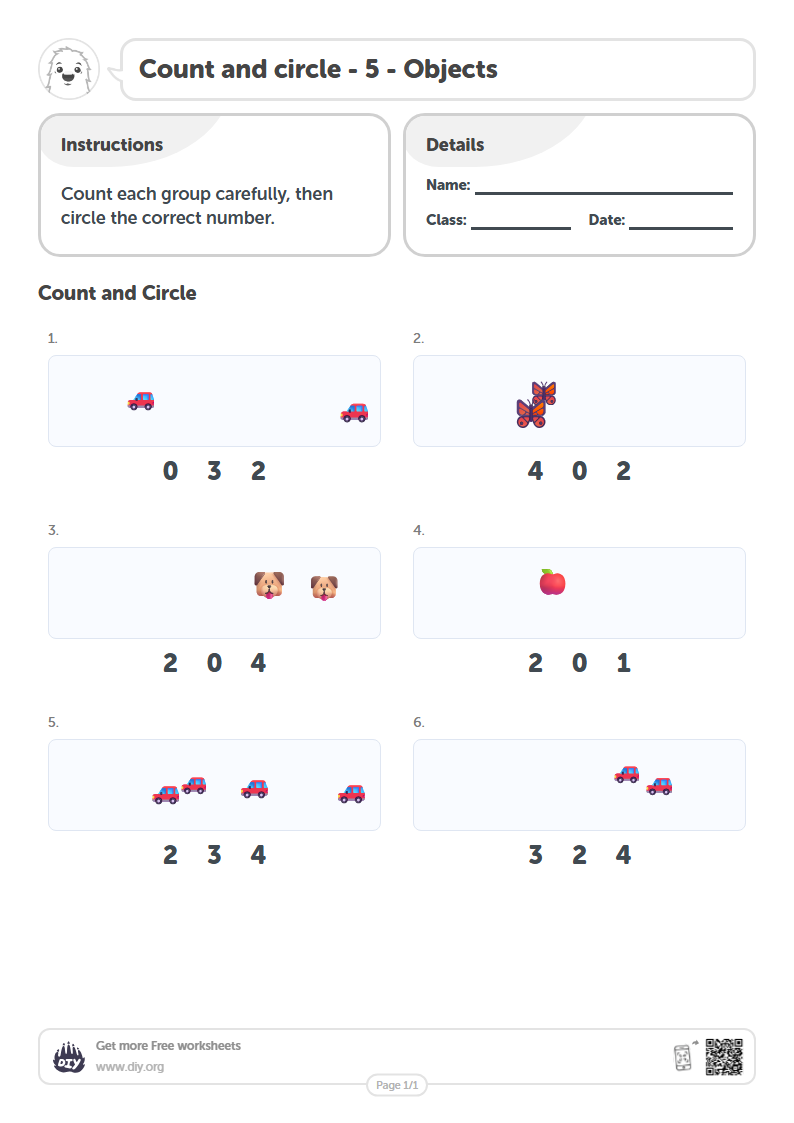 Free Count and circle - 5 - Objects Worksheets