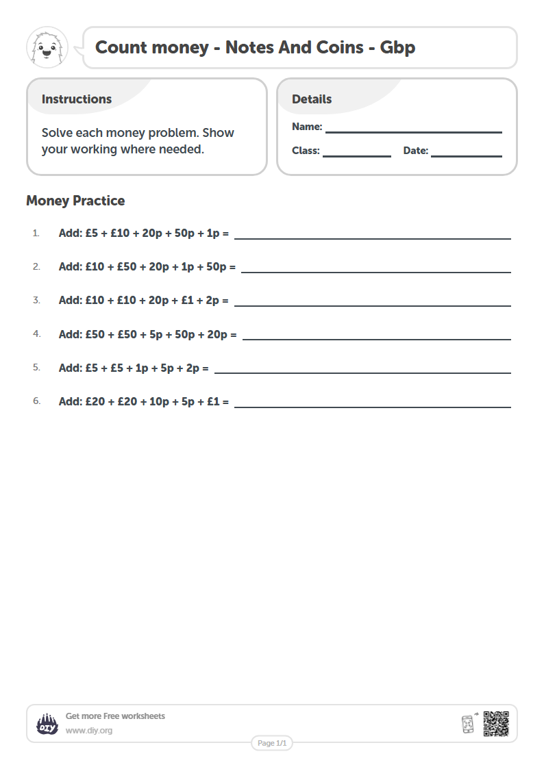 Free Count money - Gbp Worksheets