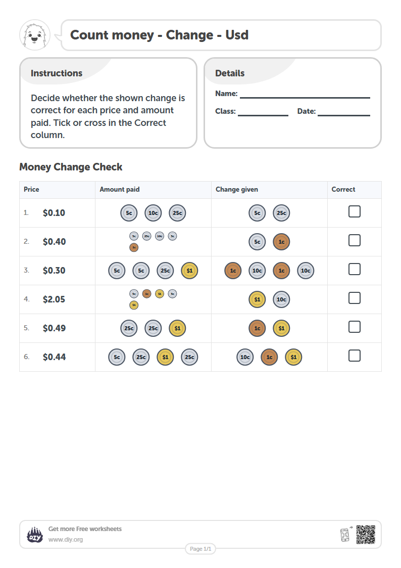 Free Count money - Usd Worksheets