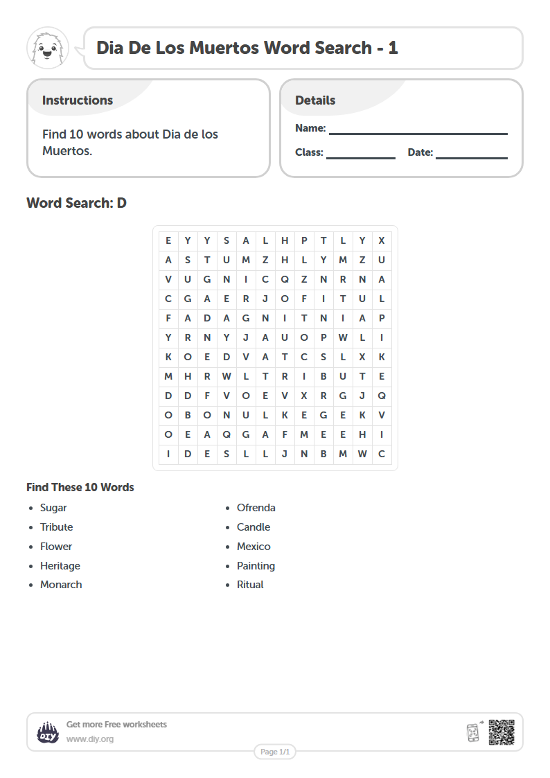 Free Dia De Los Muertos Word Search Worksheets