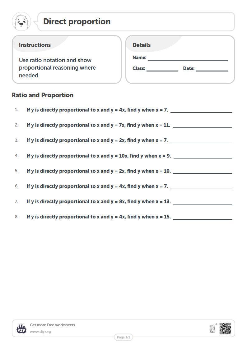 Free Direct proportion Worksheets