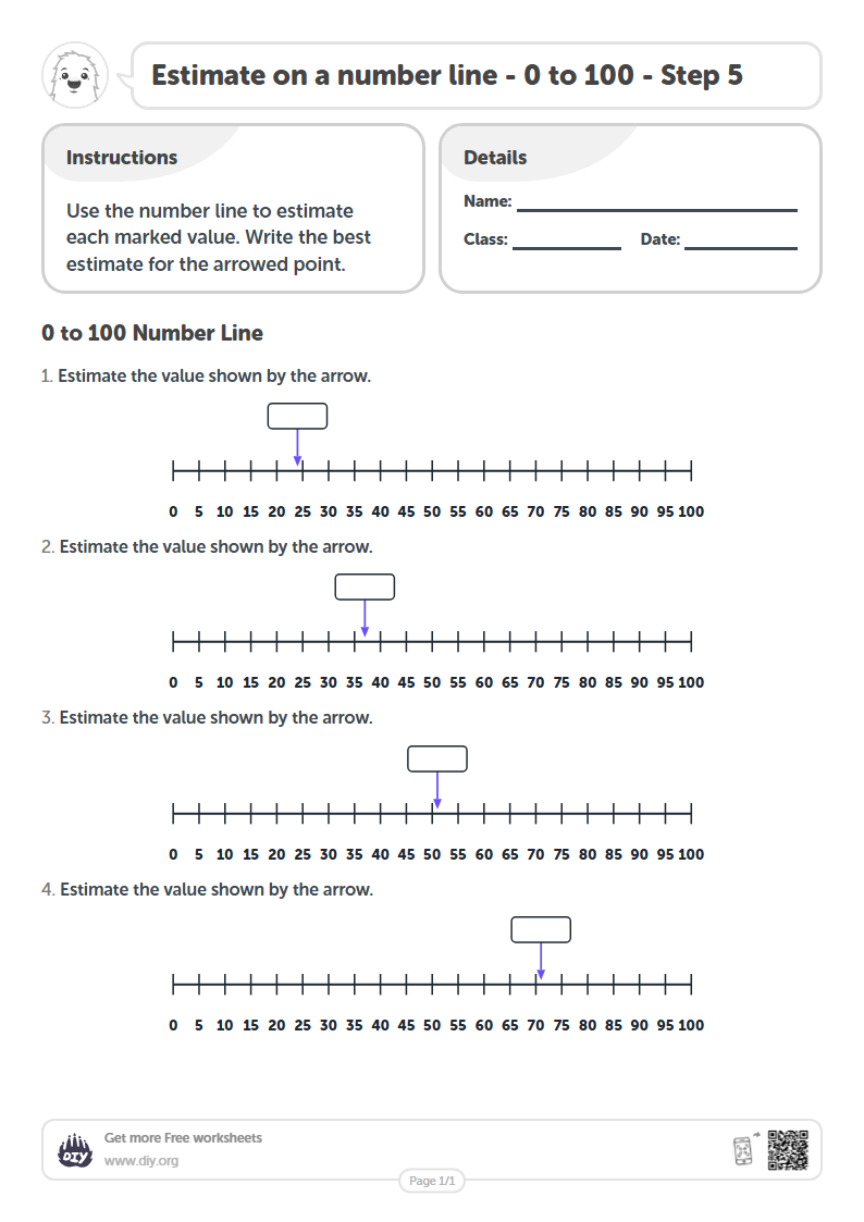 Free Estimate on a number line - 0 to 100 - Step 5 Worksheets