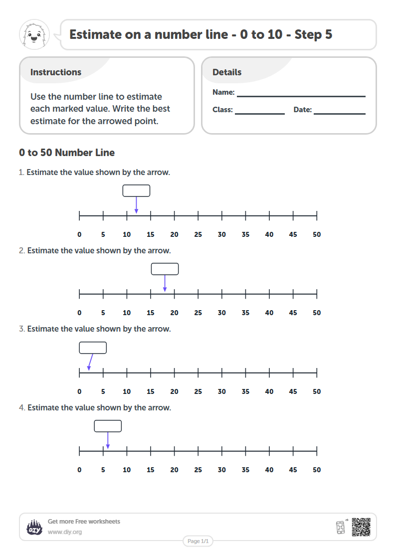 Free Estimate on a number line - 0 to 10 - Step 5 Worksheets