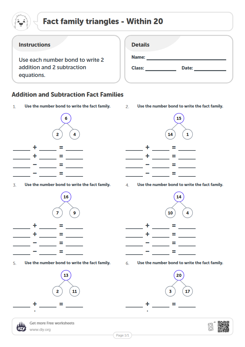 Free Fact family triangles - Within 20 Worksheets